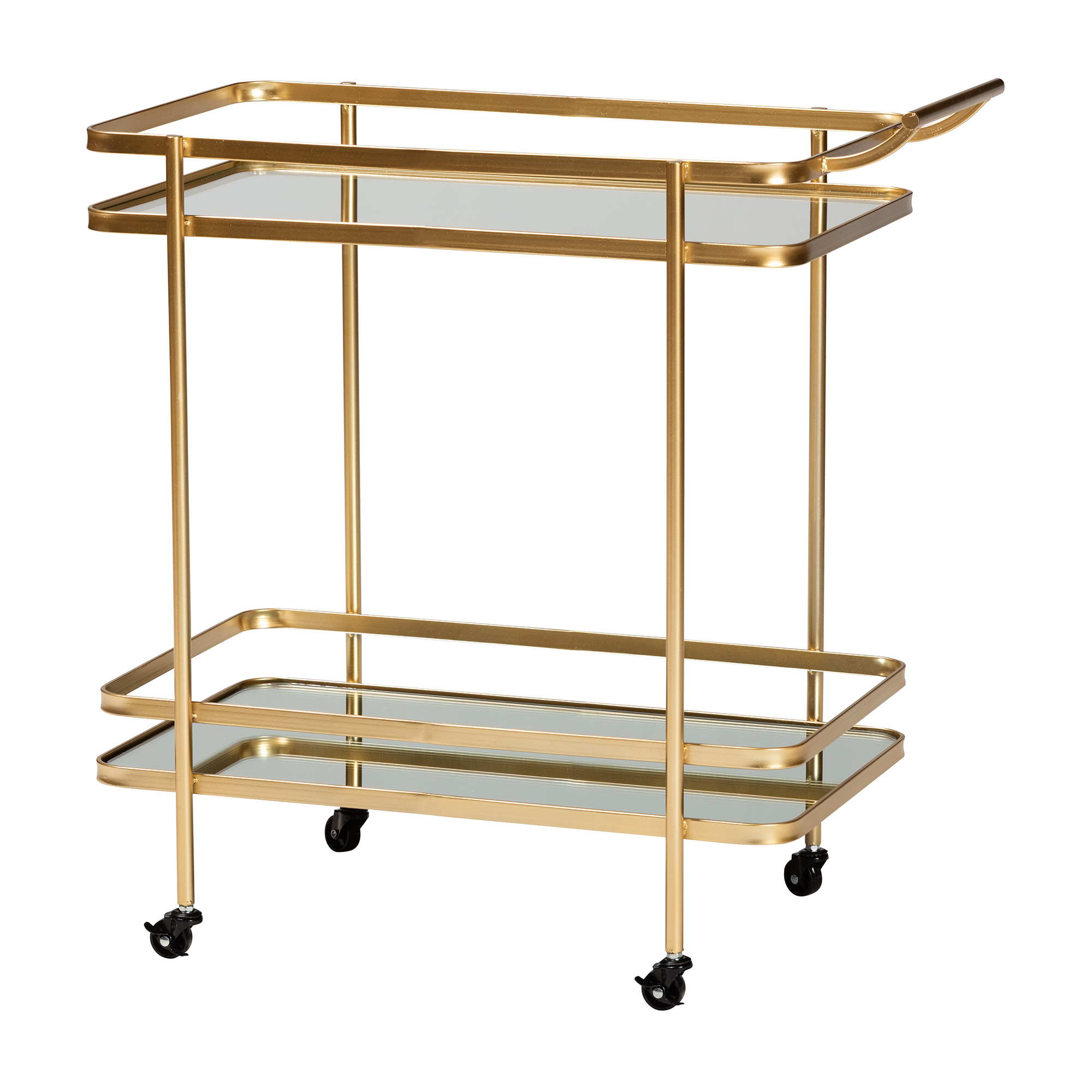 Baxton Studio Destin Modern and Contemporary Glam Brushed Gold Finished Metal and Mirrored Glass 2-Tier Mobile Wine Bar Cart Affordable modern furniture in Chicago, classic dining room furniture, modern kitchen cart, cheap kitchen cart